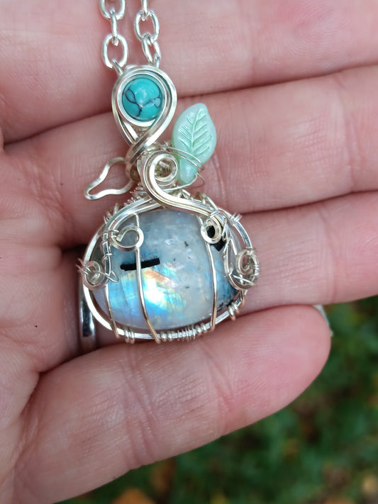 Rainbow Moonstone and Turquoise Pumpkin Pendant