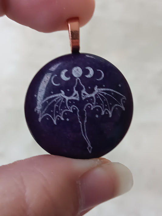 Dragon Moon Phase Engraved Purple Jade Simple Bail Pendant