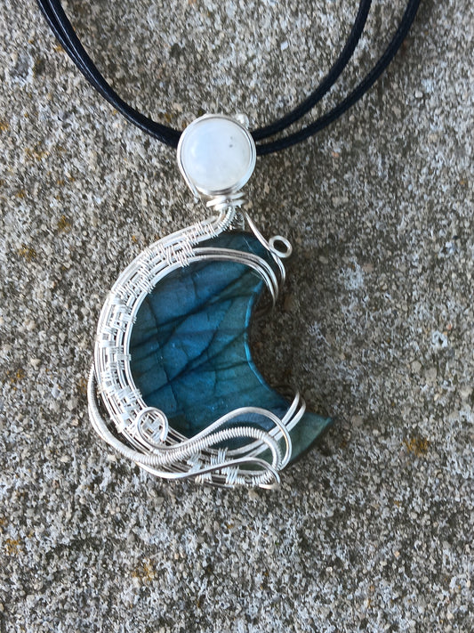 Labradorite Crescent w/ Rainbow Moonstone Pendant