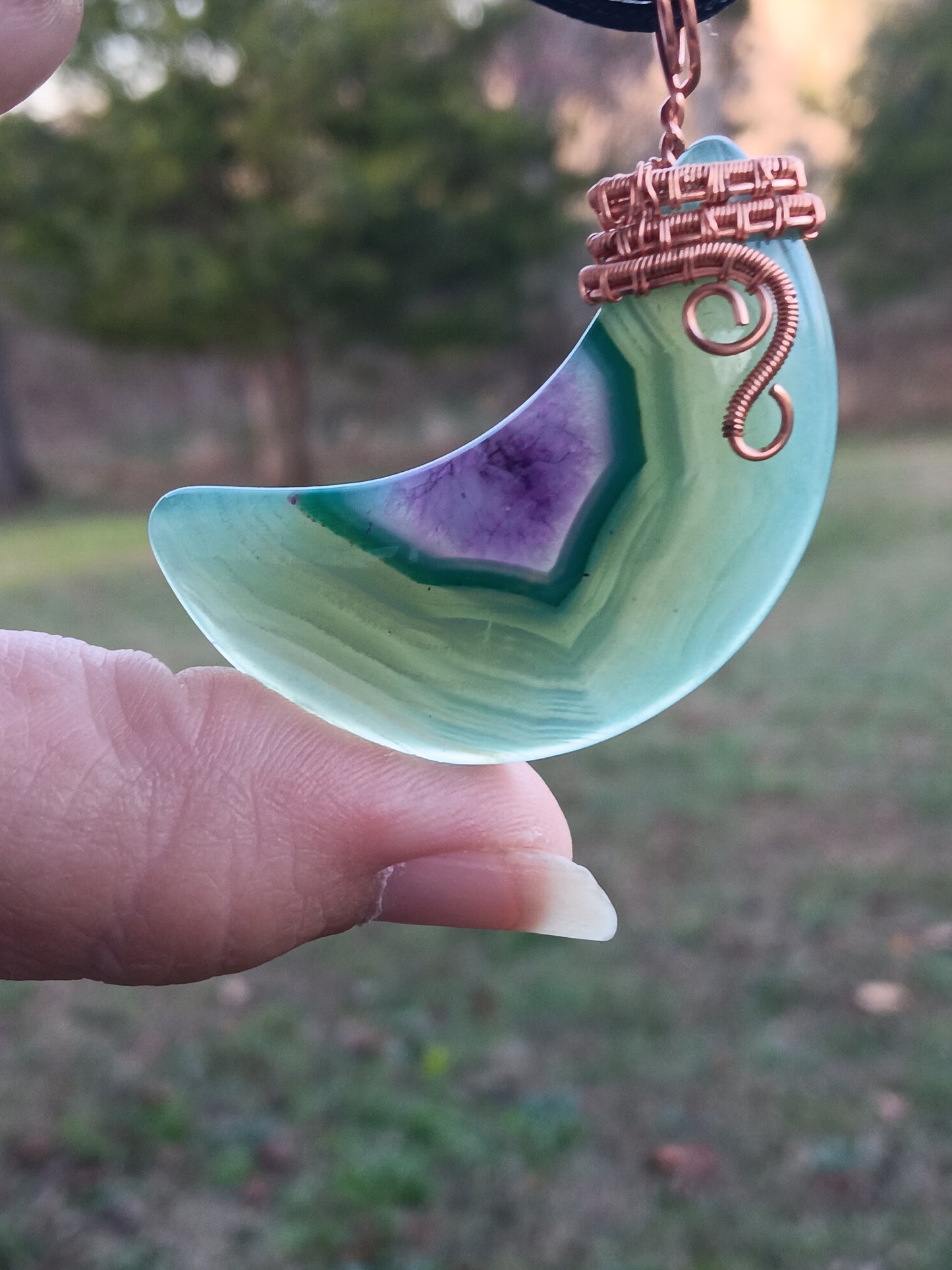 Green & Purple Agate Crescent  Pendant