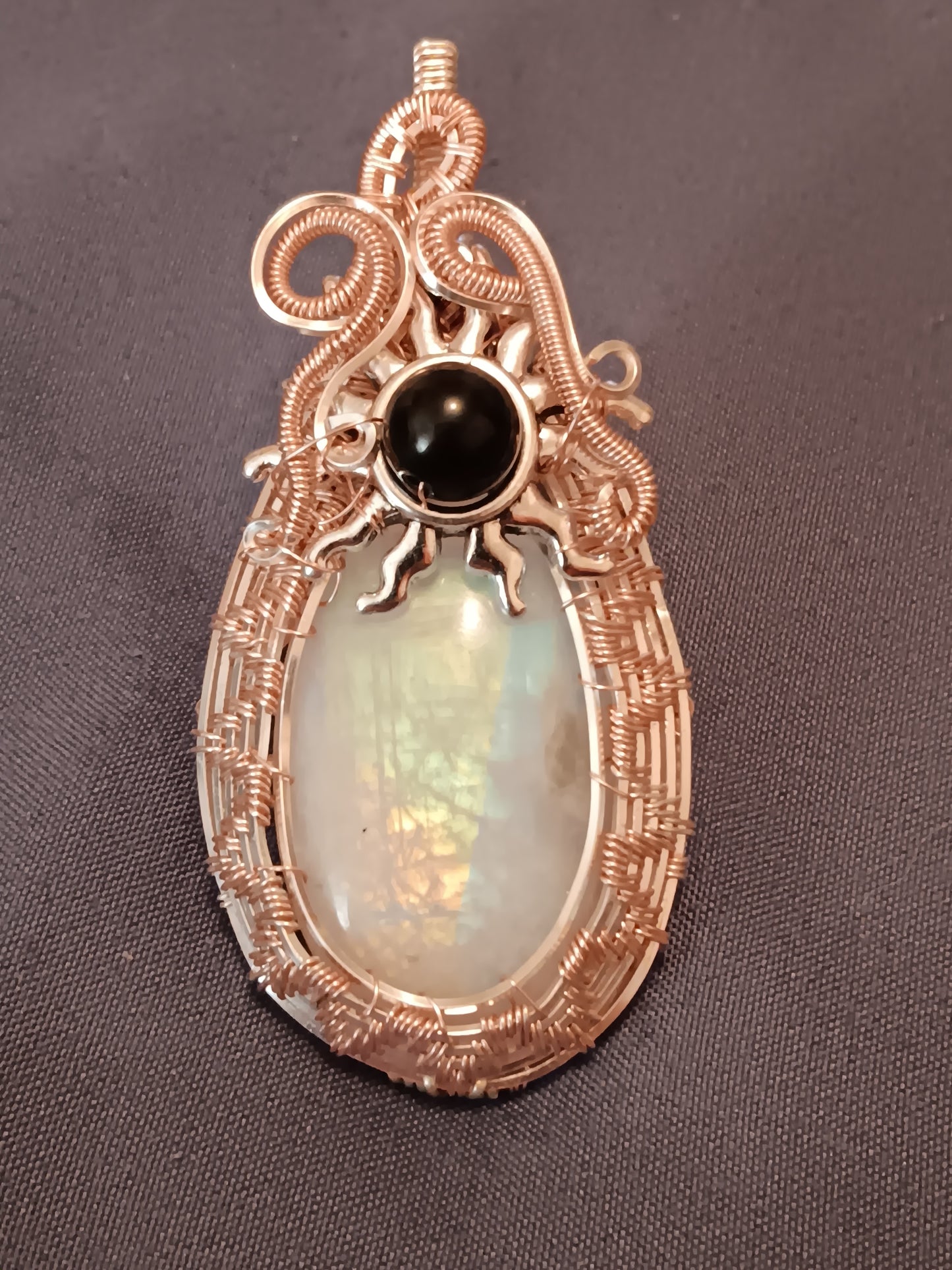 Rainbow Moonstone and Rainbow Obsidian Wire Woven Pendant