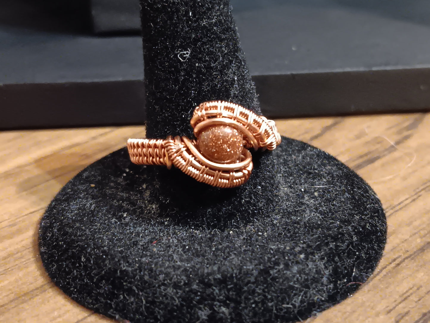 Little Glitter, Goldstone and Natural Copper Wire Woven Ring size 8.5