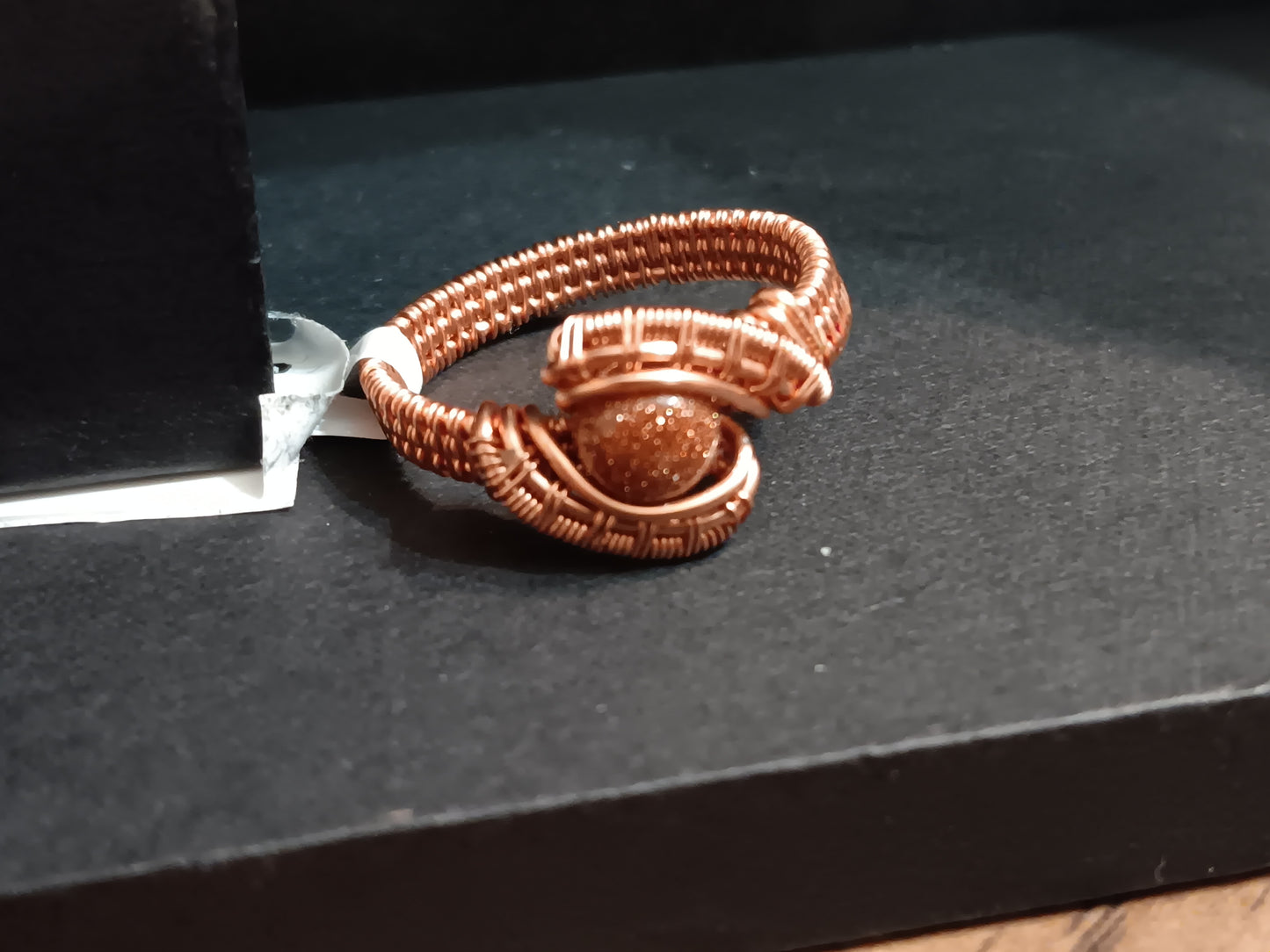 Little Glitter, Goldstone and Natural Copper Wire Woven Ring size 8.5