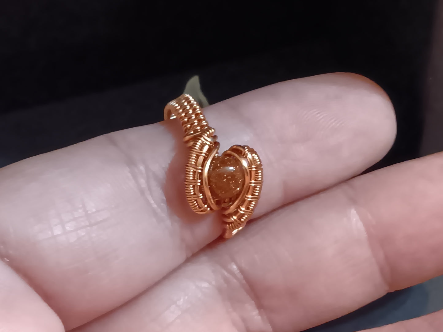 Little Glitter, Goldstone and Natural Copper Wire Woven Ring size 8.5