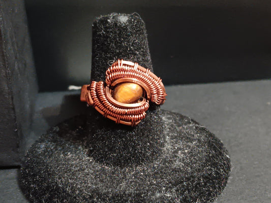 Eye Of The Tiger, Tigers Eye and Natural Copper Wire Woven Ring size 6.5