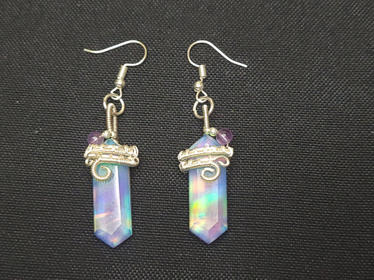 Aurora Opal Double Points and Amethyst Bead Silver Dangle Stainless Steel Earrings