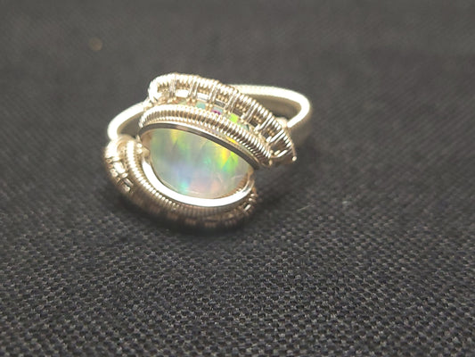 Aberlon, Aurora Opal and Silver Wire Woven Ring size 12