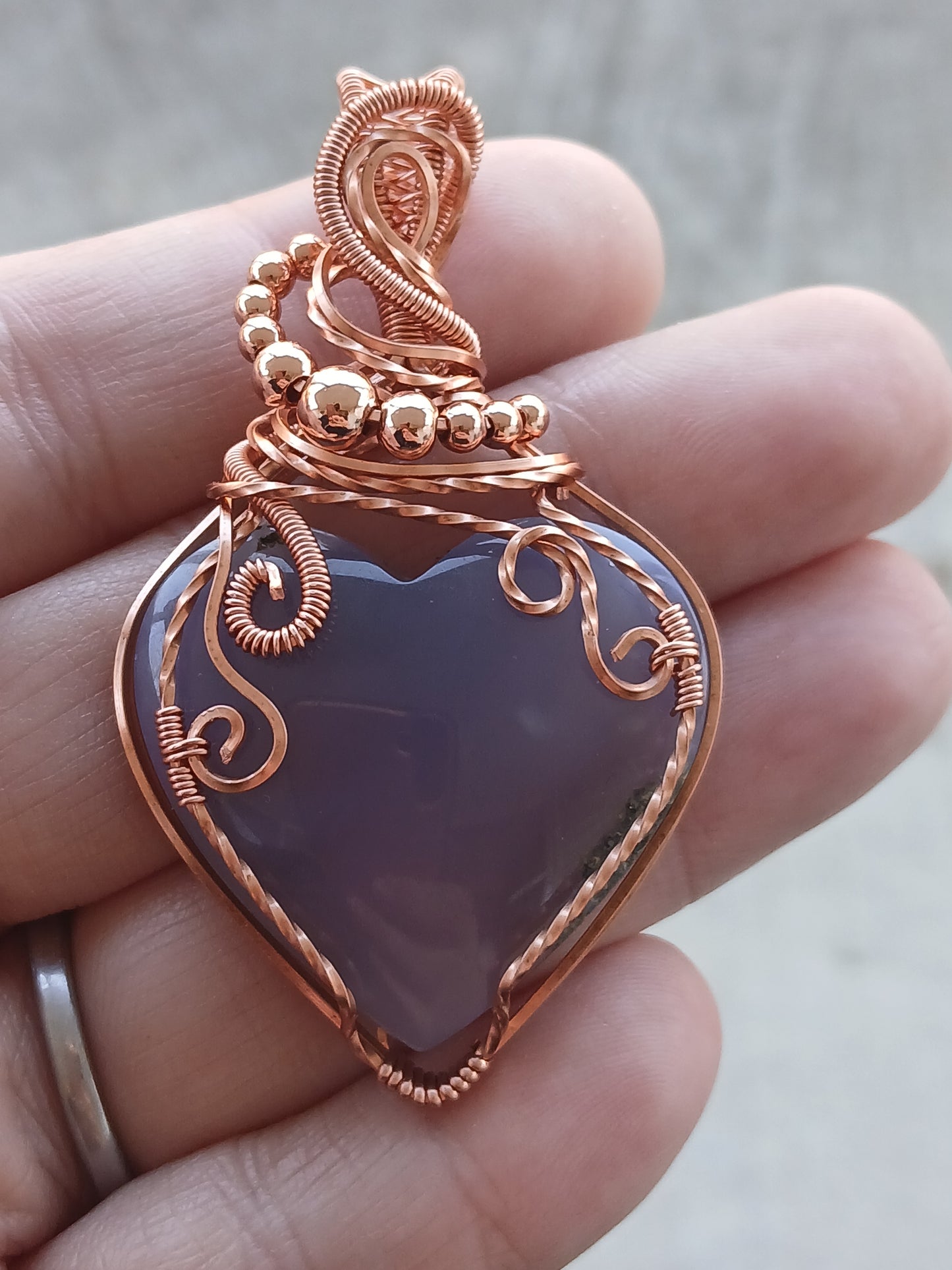 Purple Moss Agate Heart Copper Wire Wrapped Pendant