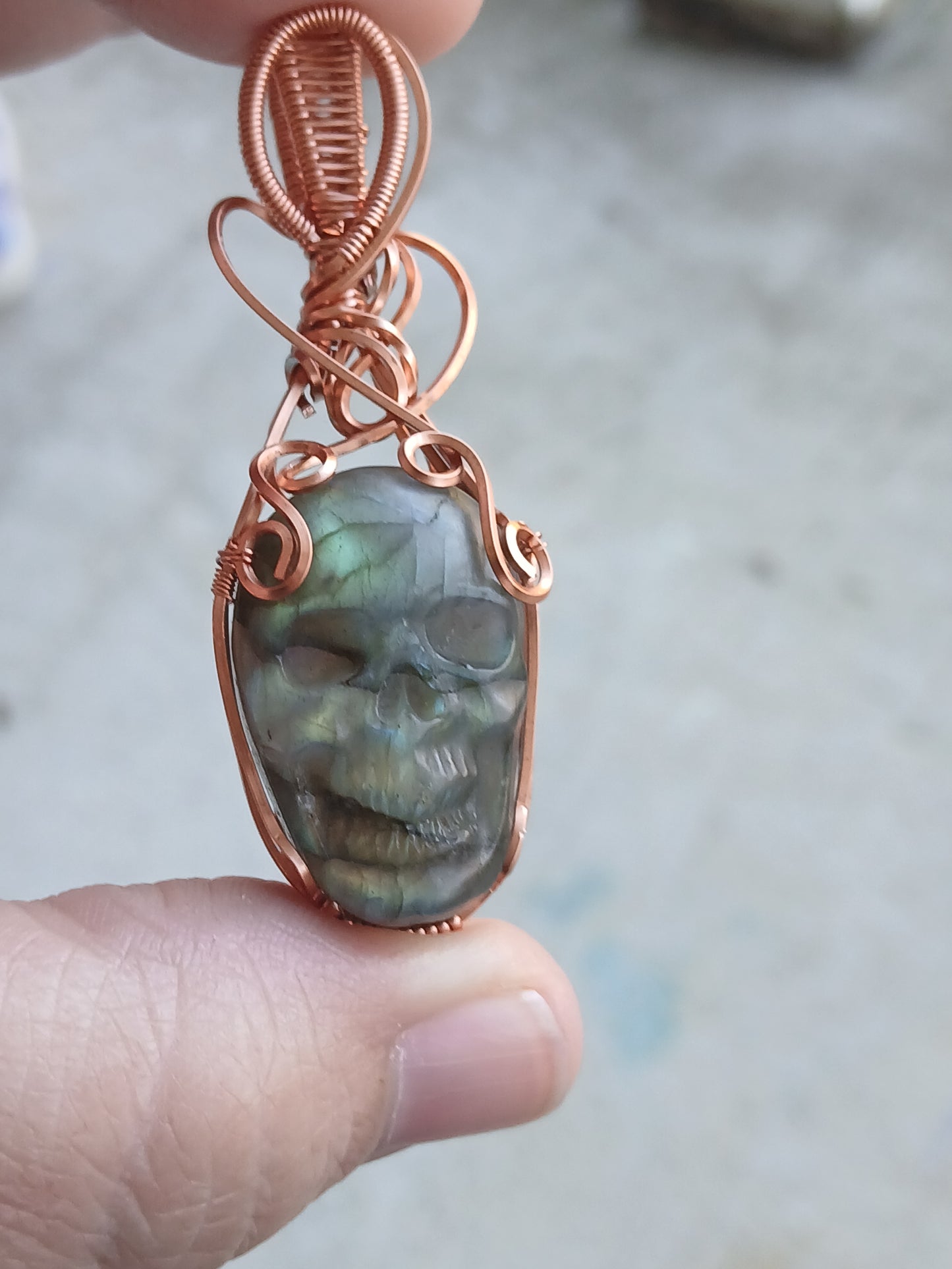 Green Labradorite Skull w/ Copper Wire Wrapped Pendant