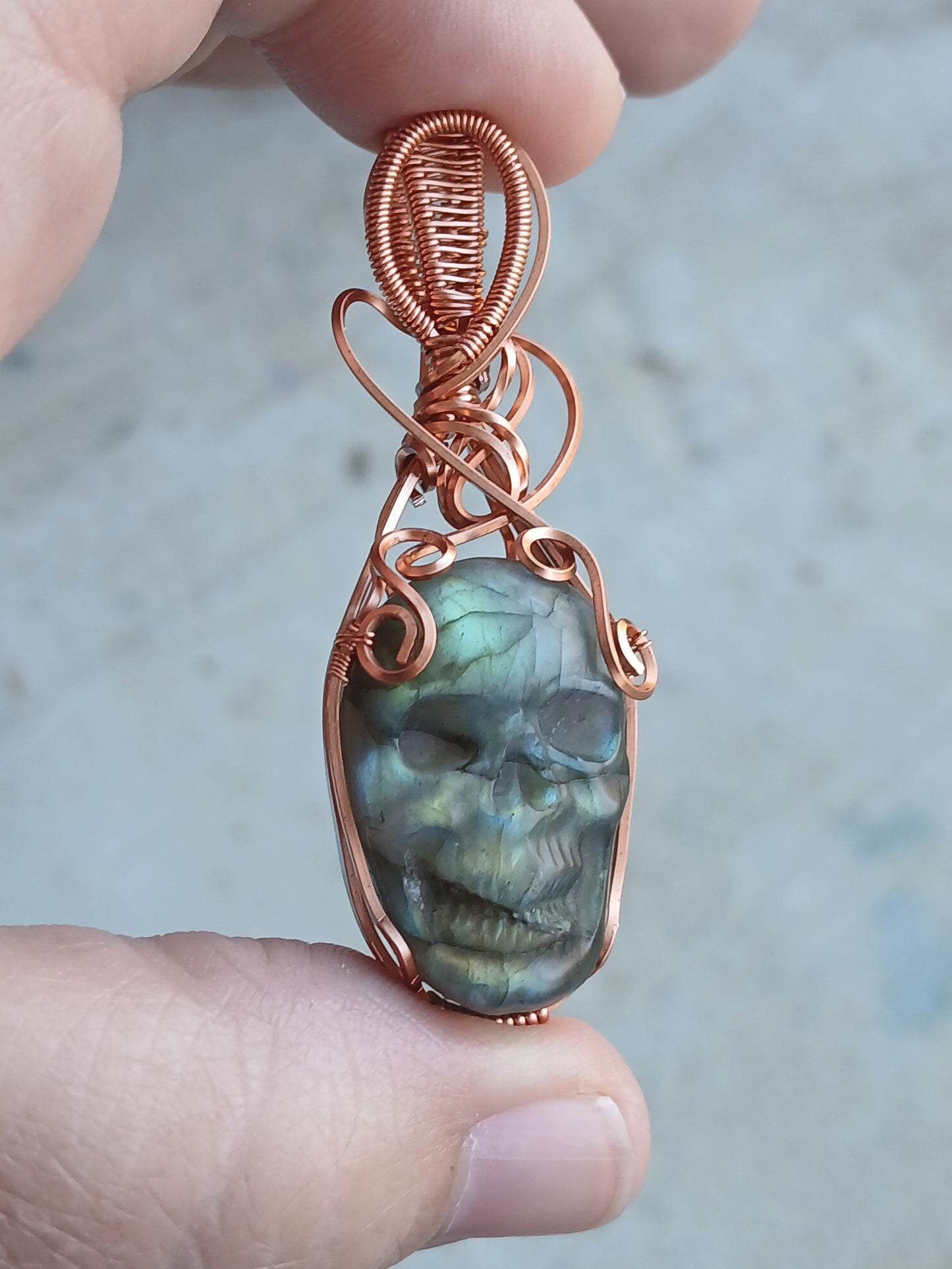 Green Labradorite Skull w/ Copper Wire Wrapped Pendant