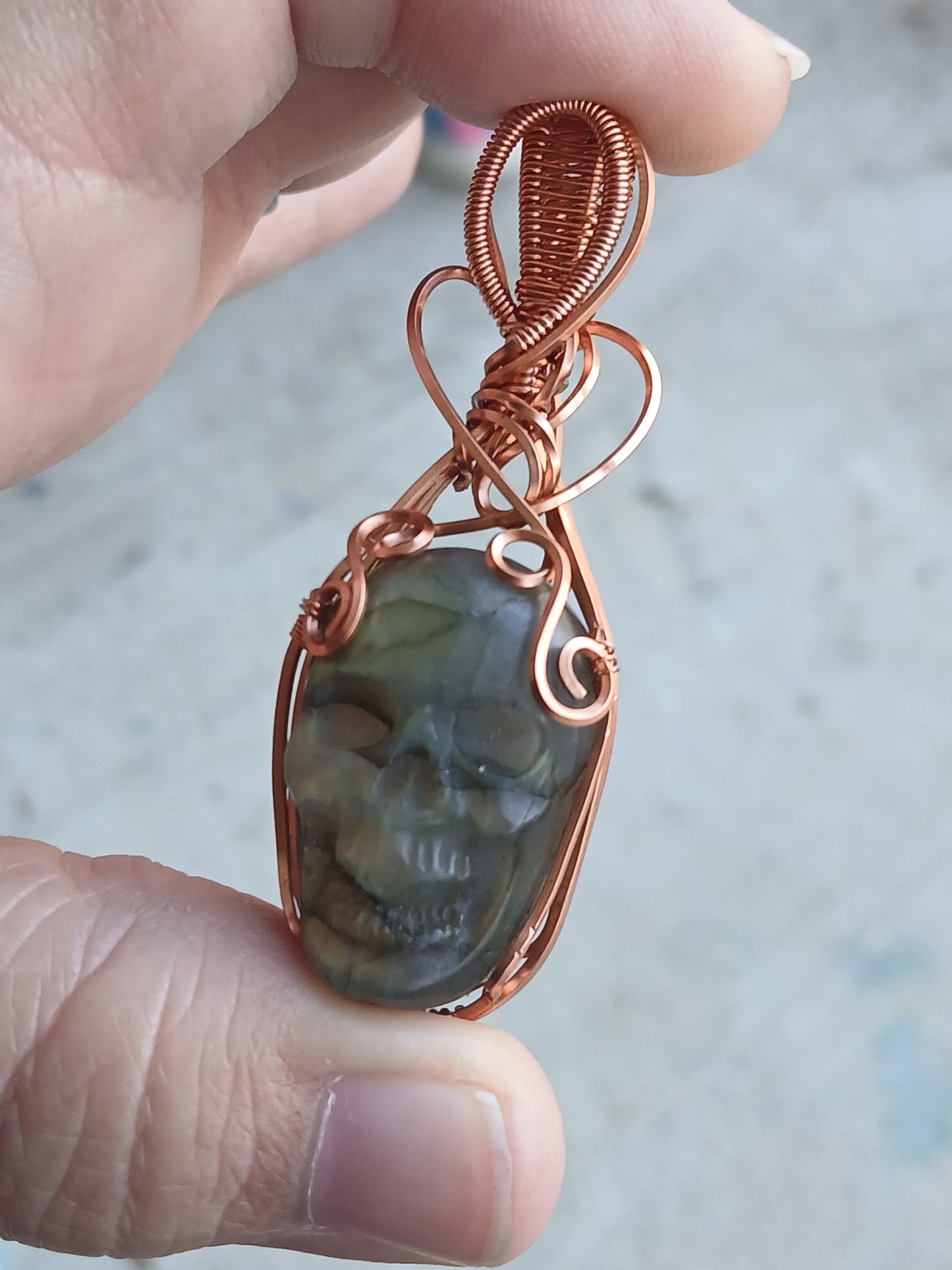 Green Labradorite Skull w/ Copper Wire Wrapped Pendant