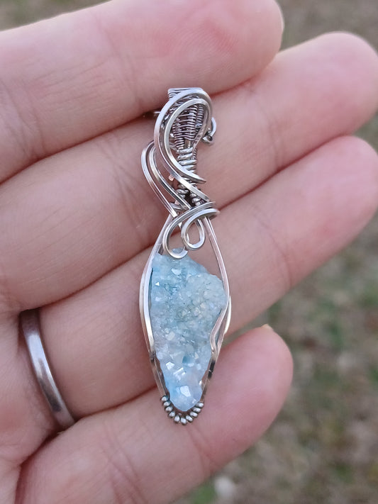 Aqua Aura Druzy Titanium Wire Wrapped Pendant