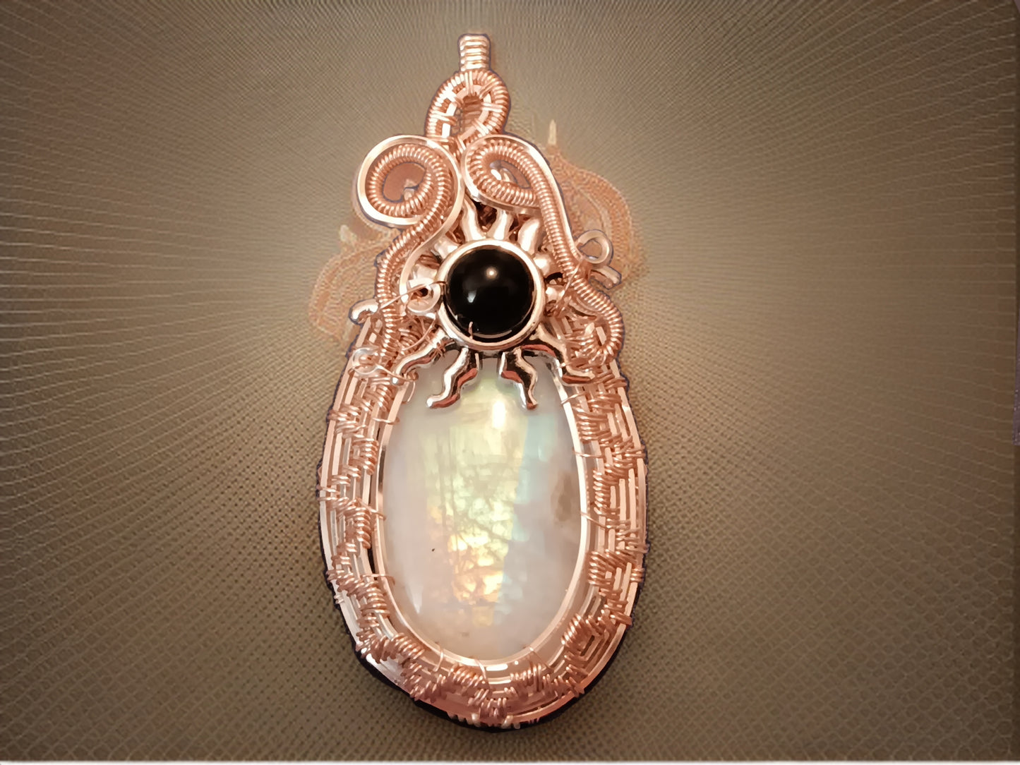 Rainbow Moonstone and Rainbow Obsidian Wire Woven Pendant